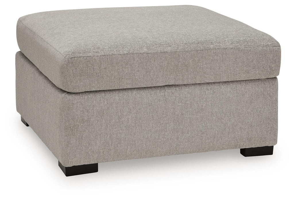 Upholstered ottoman with square arms and hinged lid look, gray fabric, dark legs