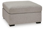 Upholstered ottoman with square arms and hinged lid look, gray fabric, dark legs