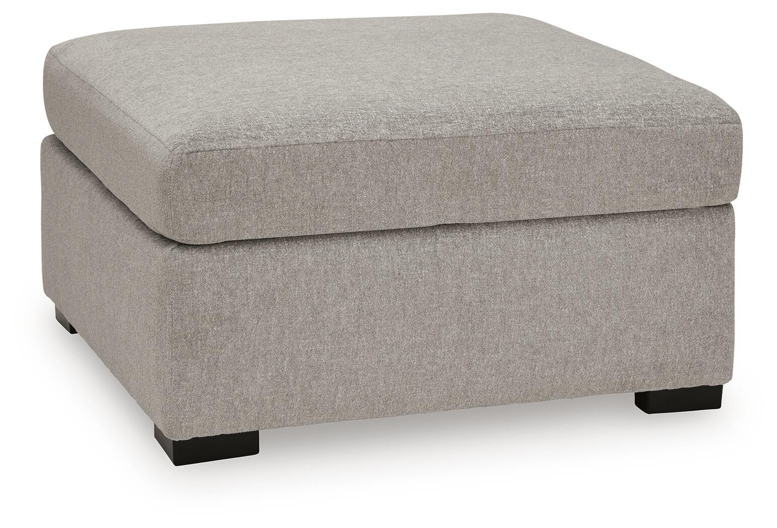 Upholstered ottoman with square arms and hinged lid look, gray fabric, dark legs