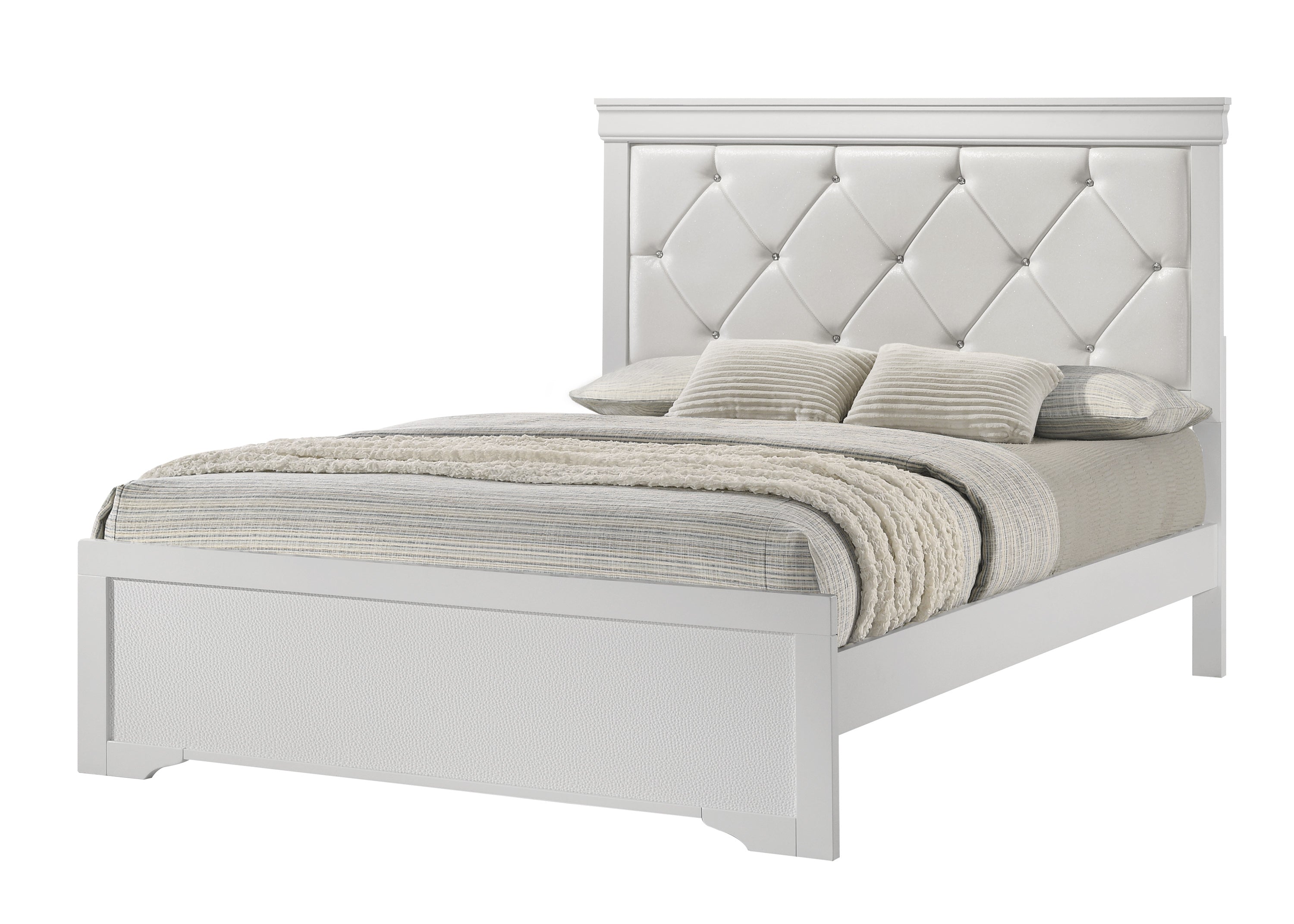 Modern King White Panel Bed, Tufted Upholstered Headboard Furniture