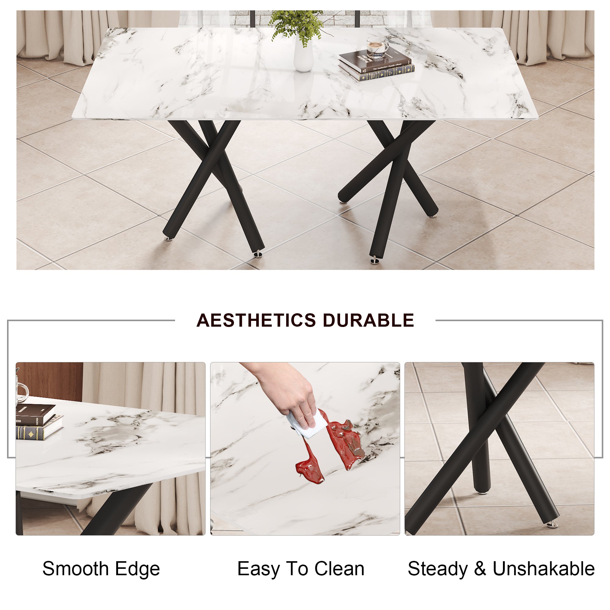 White Marble Dining Table & 8 Black Chairs Set F-1538