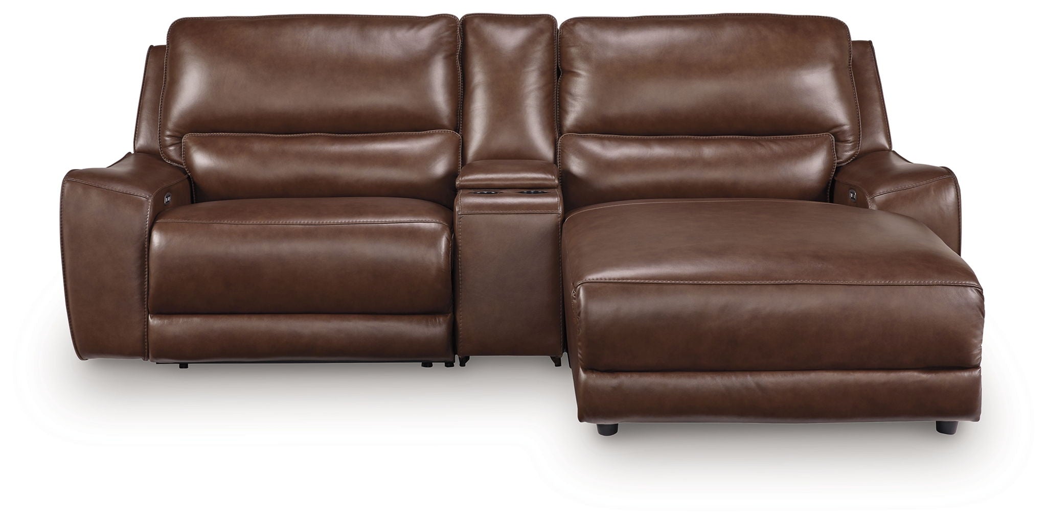 Power reclining sectional sofa with chaise and padded armrests in dark brown leather