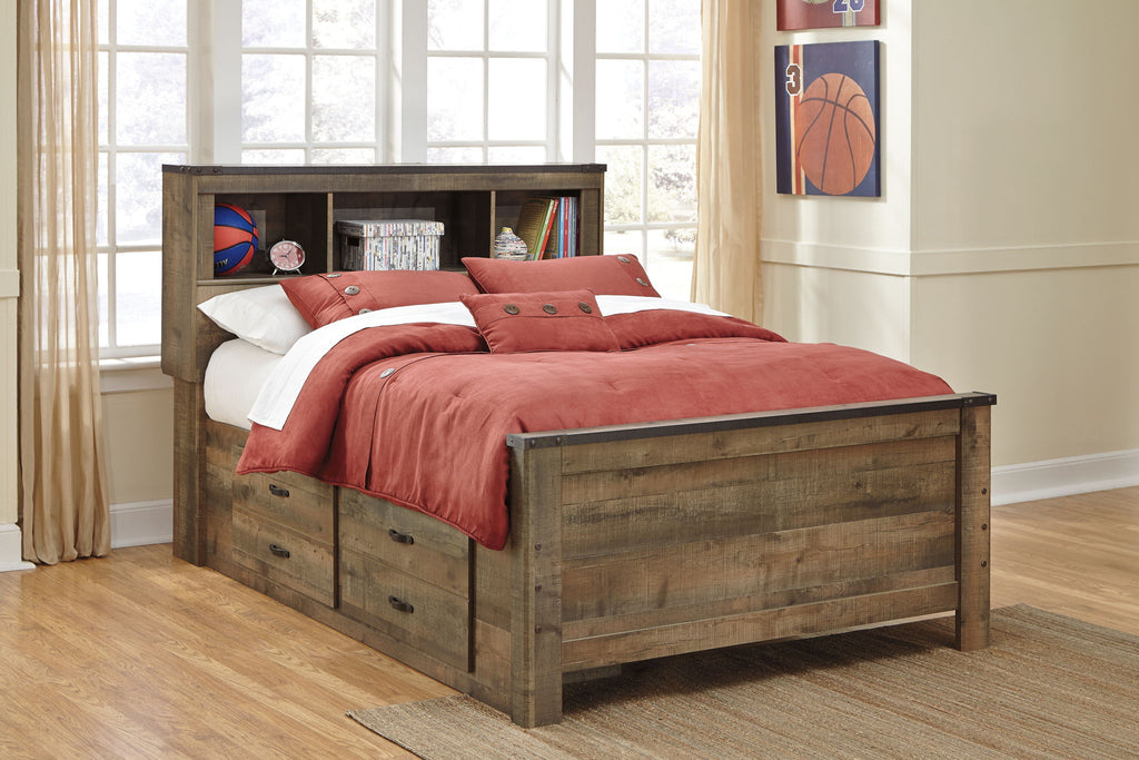 Dark brown bookcase bed with storage drawers, showing open shelving behind the headboard