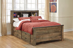Dark brown bookcase bed with storage drawers, showing open shelving behind the headboard