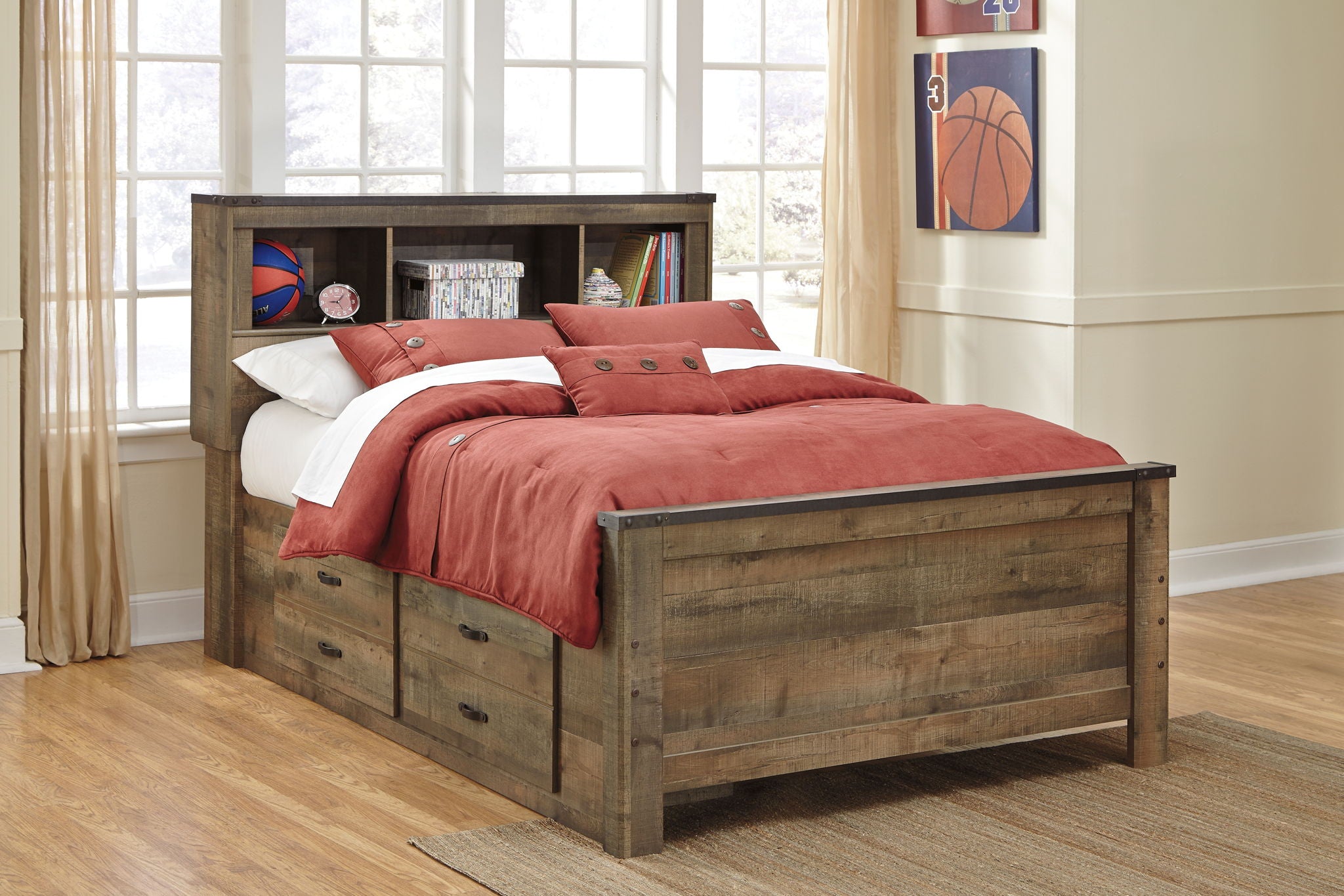 Dark brown bookcase bed with storage drawers, showing open shelving behind the headboard