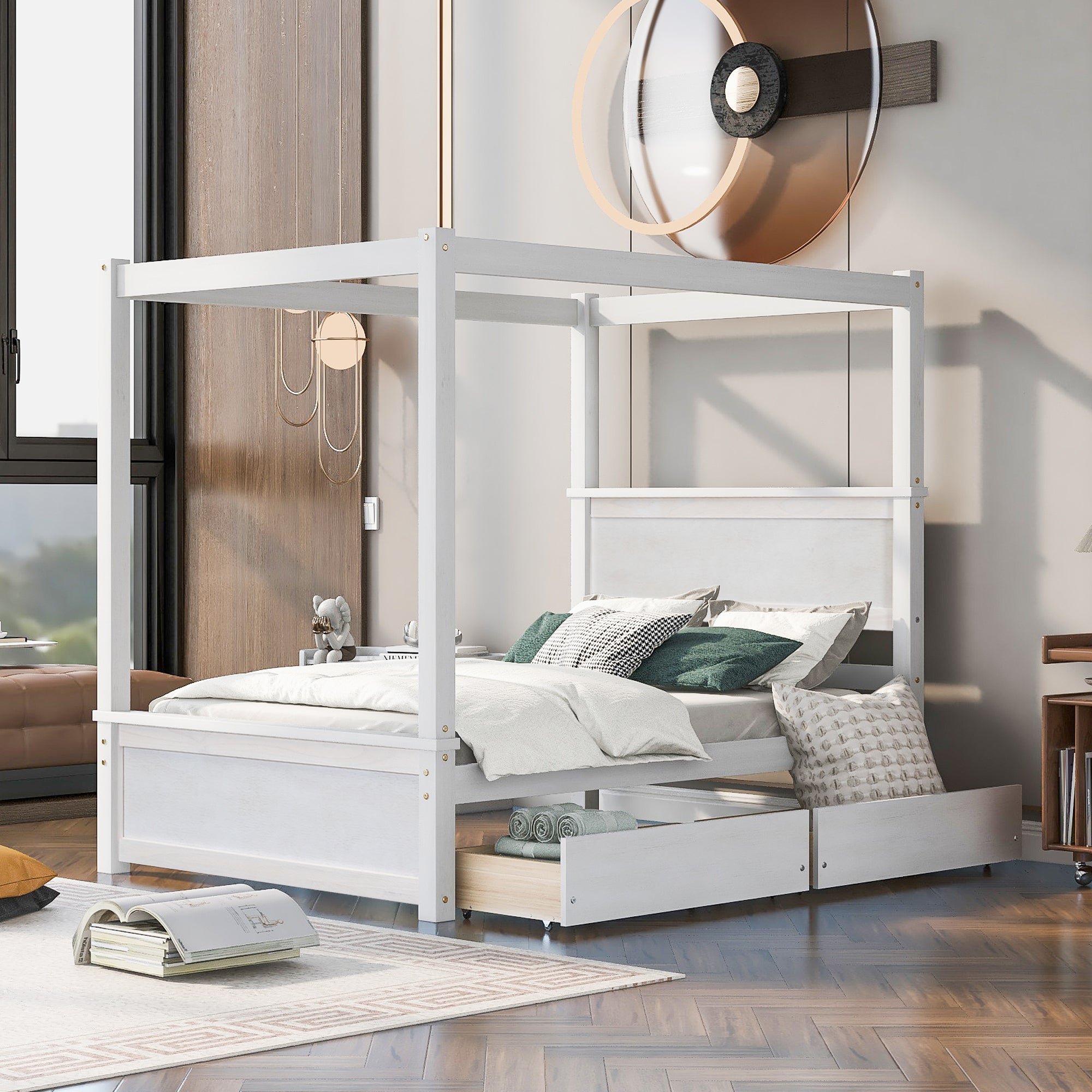 Full Size Brushed White Wood Canopy Bed with Drawers - No Box Spring Needed