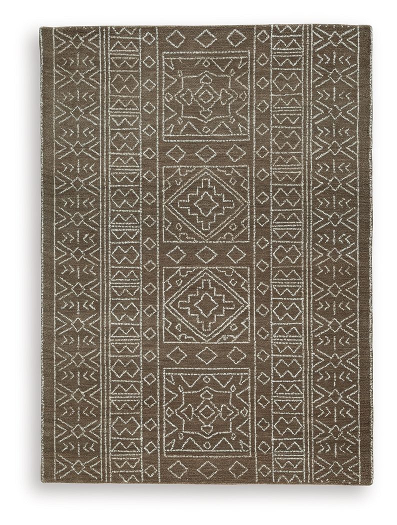 Geometric flatweave rug with dark brown field, light beige symbols and border
