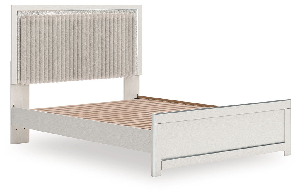 Upholstered panel platform bed with roll slats, light gray frame and vertical tufted headboard