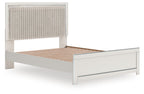 Upholstered panel platform bed with roll slats, light gray frame and vertical tufted headboard