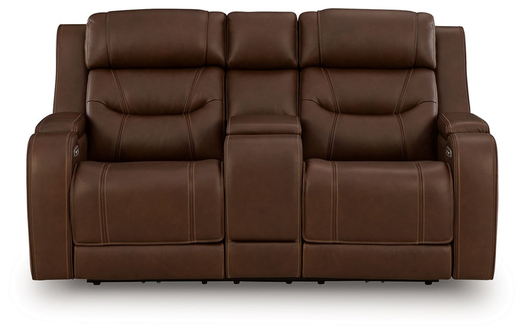 Power reclining loveseat with audio seating, dark brown upholstery, front view with center panel
