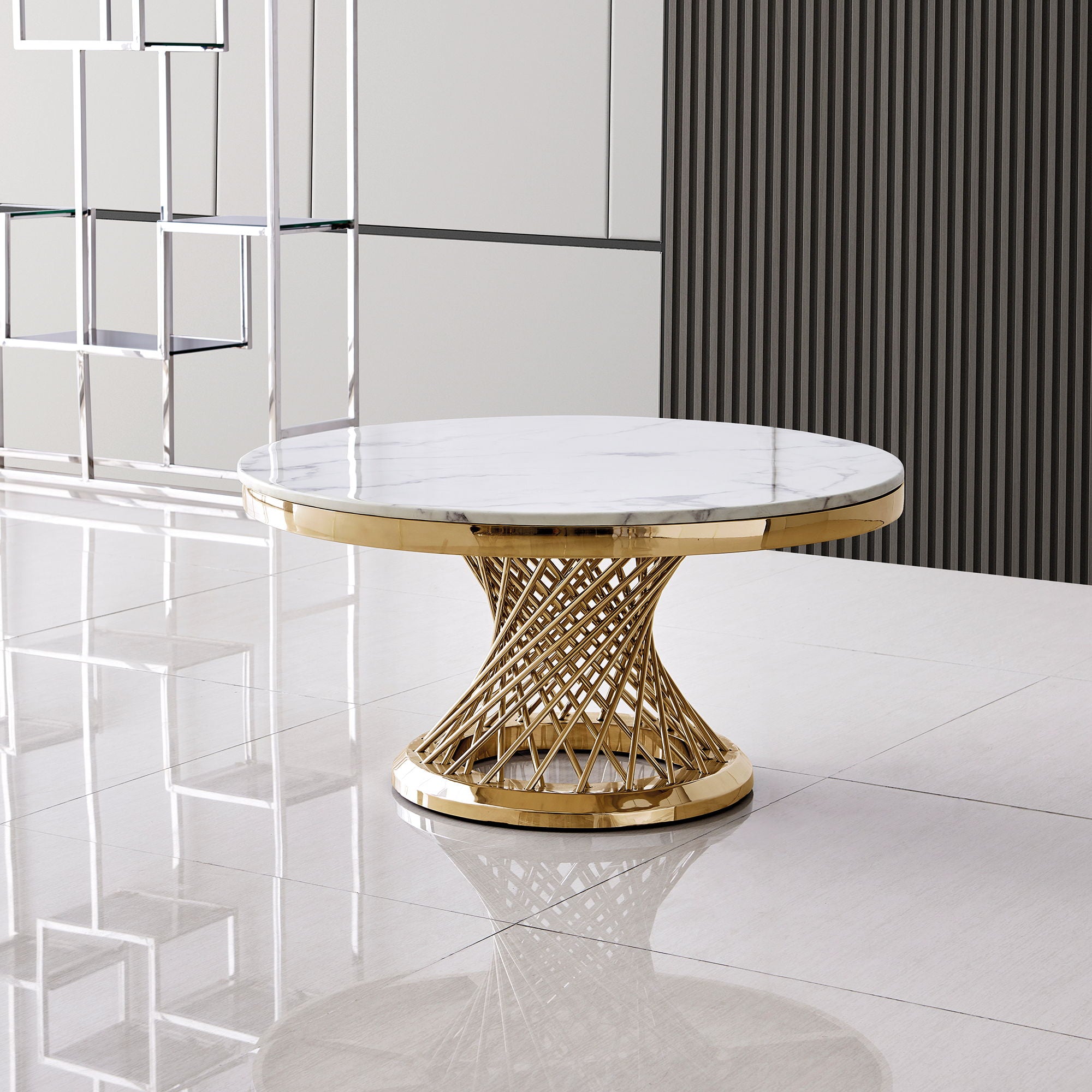 Luxurious Design Marble Round Coffee Table With Gold Mirrored Finish Stainless Steel Base