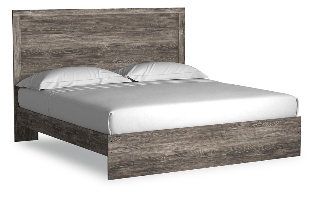 Dark gray wood-look panel bed with white mattress and two white pillows
