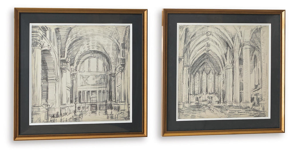 Framed wall art set of 2 with gold-tone frames and black mats, cathedral interior sketches