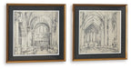Framed wall art set of 2 with gold-tone frames and black mats, cathedral interior sketches