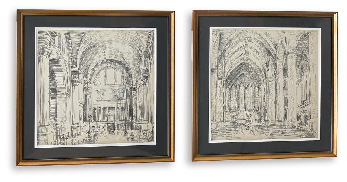 Framed wall art set of 2 with gold-tone frames and black mats, cathedral interior sketches