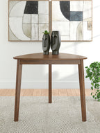 Brown triangle dining table with a smooth round top and straight legs