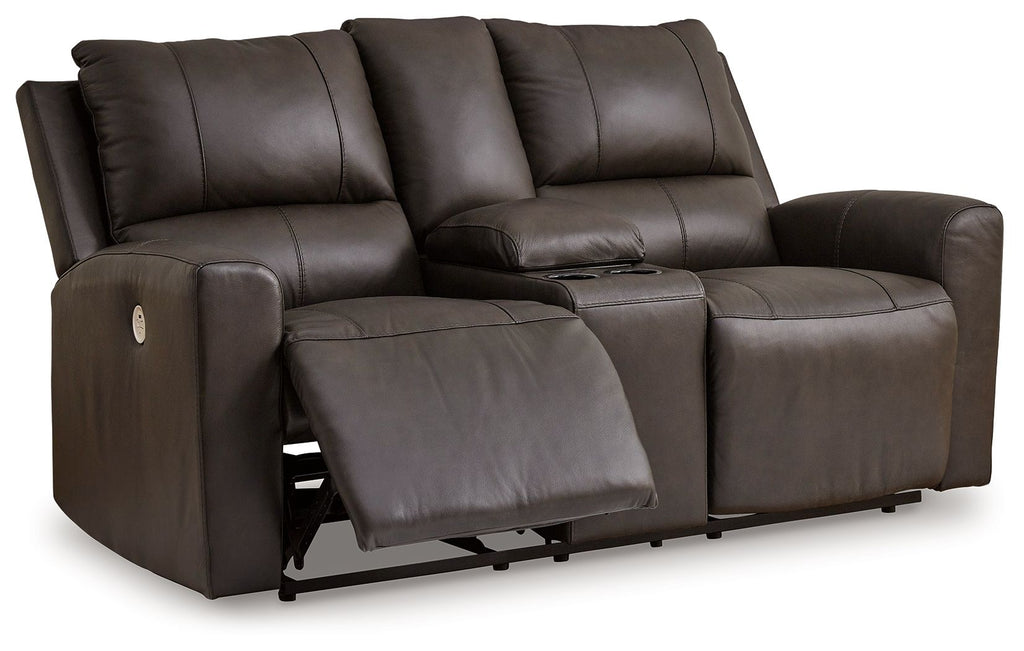 Dark brown power reclining loveseat with console compartment and cushioned arms