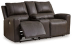 Dark brown power reclining loveseat with console compartment and cushioned arms
