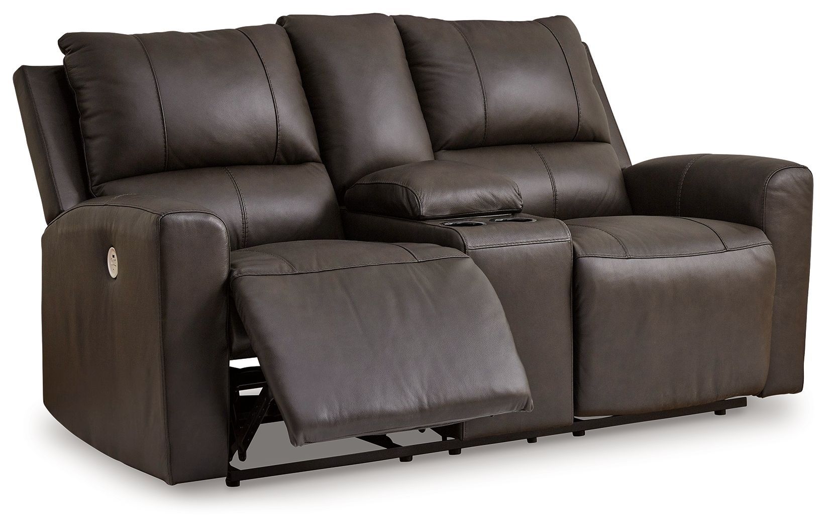 Dark brown power reclining loveseat with console compartment and cushioned arms