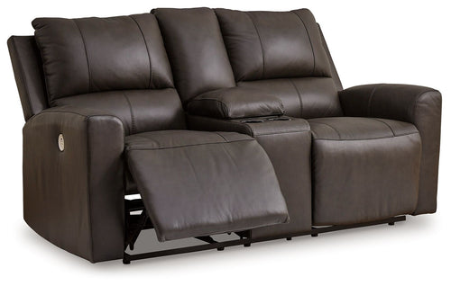 Dark brown power reclining loveseat with console compartment and cushioned arms