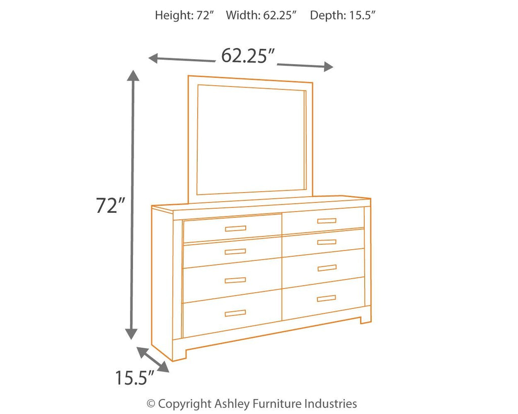 Dresser and mirror with size chart: 62.25" W, 72" H, 15.5" D.