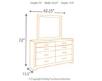 Dresser and mirror with size chart: 62.25" W, 72" H, 15.5" D.