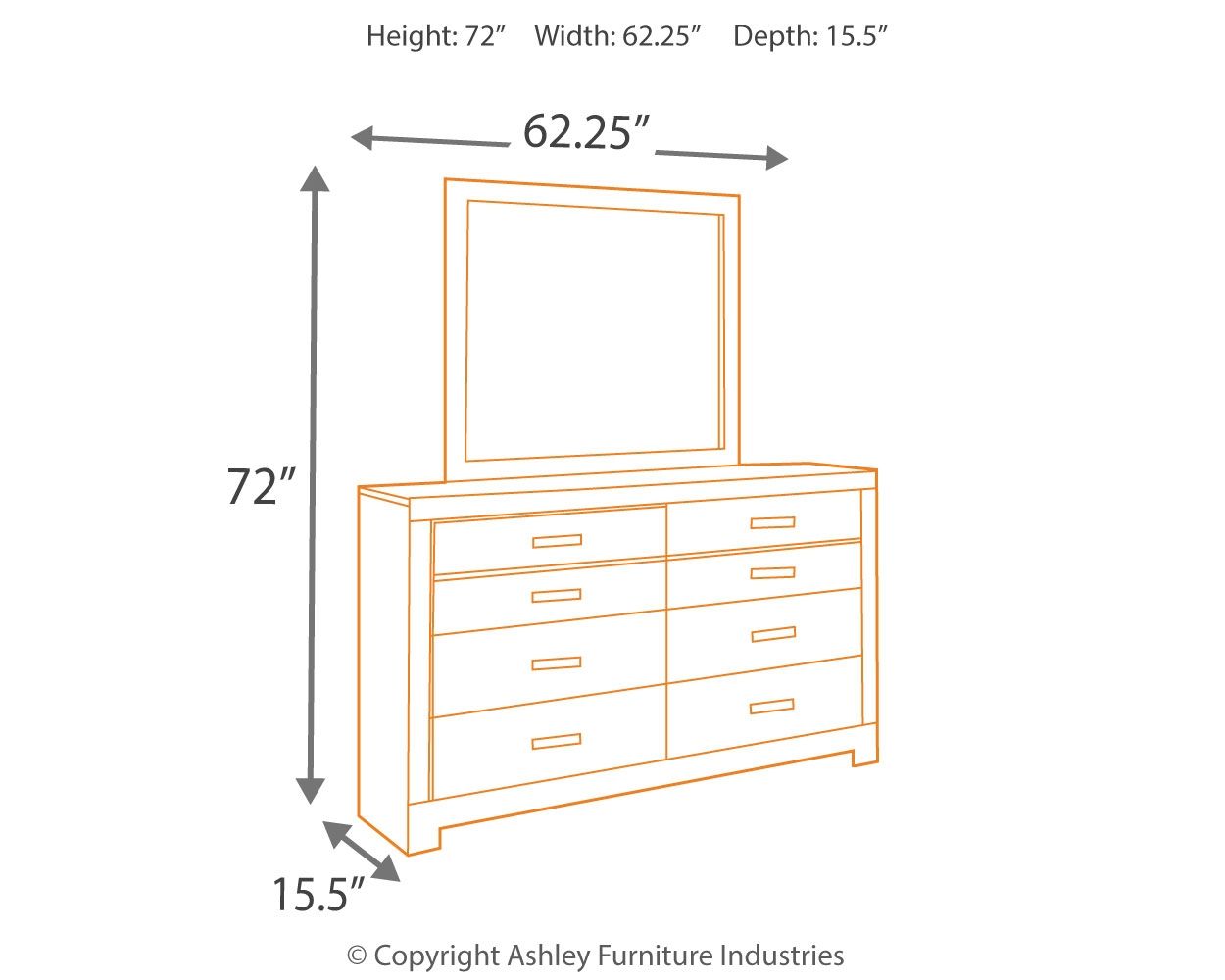Dresser and mirror with size chart: 62.25" W, 72" H, 15.5" D.