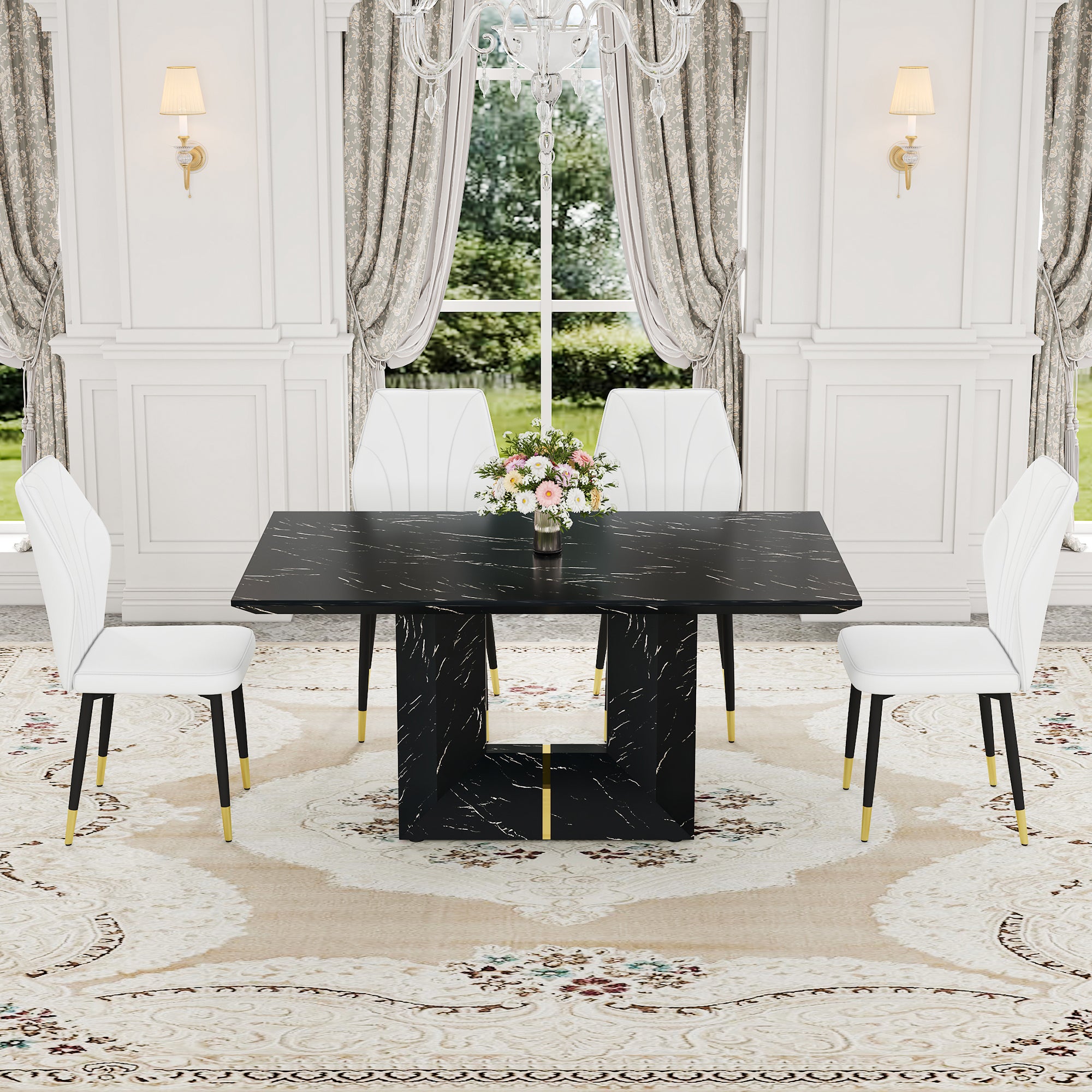 Black Marble Dining Set w/ 4 White Chairs
