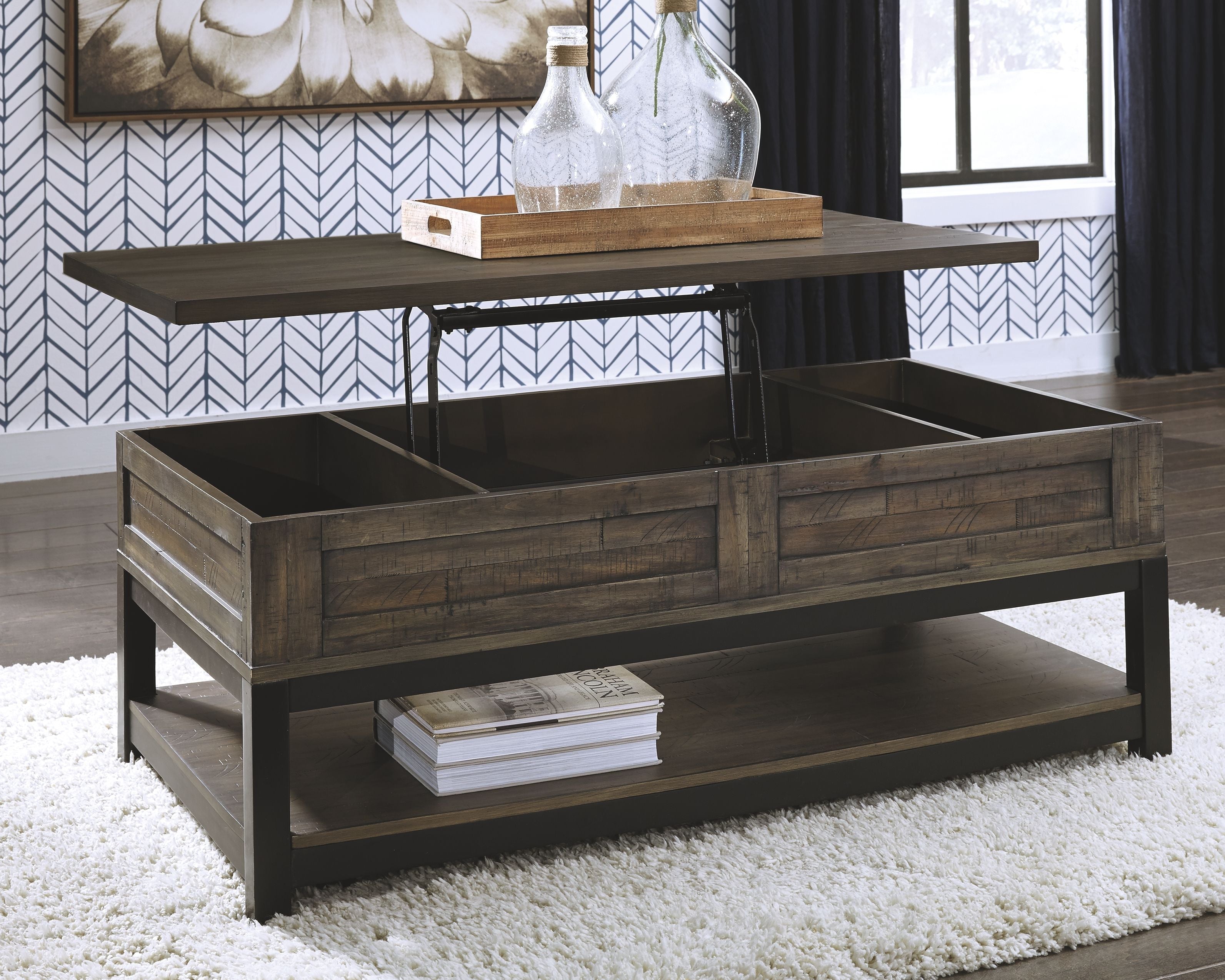Lift-top cocktail table with two drawers and two-tier open storage in grayish-brown wood