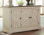 Cream dining sideboard with carved X door panels and black knobs