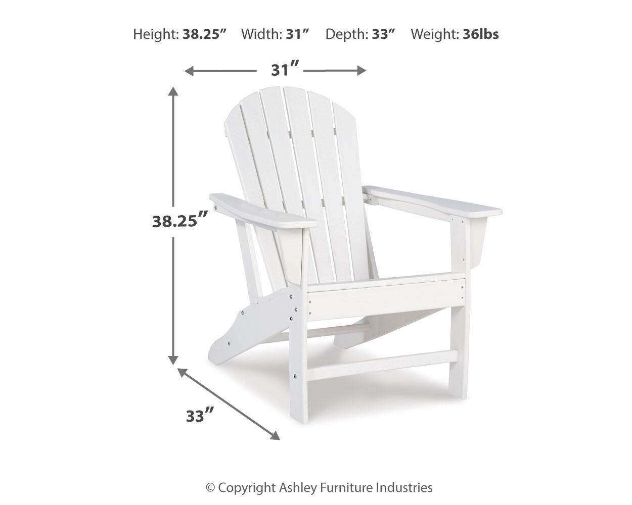 Outdoor Adirondack chair with slatted back and seat, white painted frame