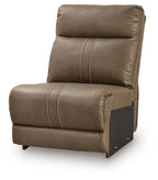 Armless cushioned chair with tall back, dark biscotti upholstery, side button details