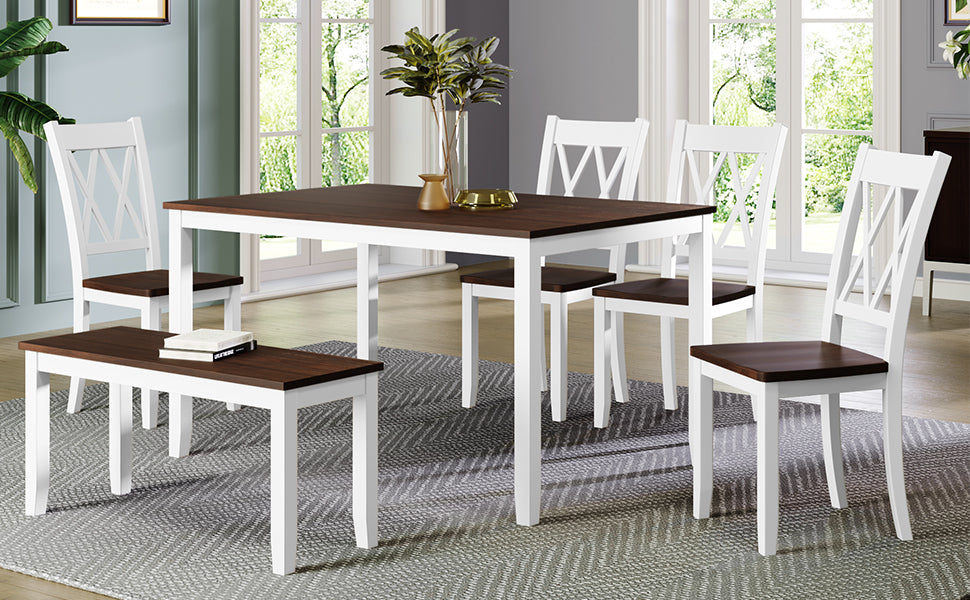 Farmhouse Dining Set, 6-Piece Rustic Kitchen Table w/Bench