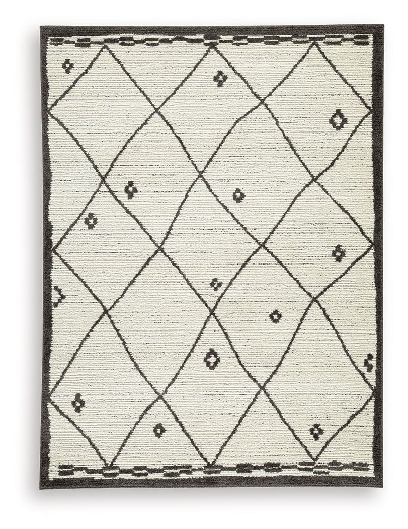 Beige and black geometric area rug with diamond lattice pattern and dark border