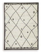 Beige and black geometric area rug with diamond lattice pattern and dark border