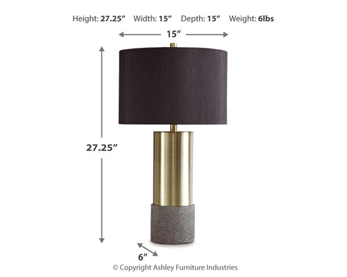 Metal table lamp: dark gray fabric shade, brass cylinder stem, textured gray base
