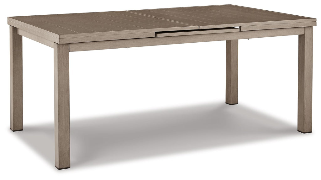 Rectangular outdoor dining table with beige finish and split tabletop