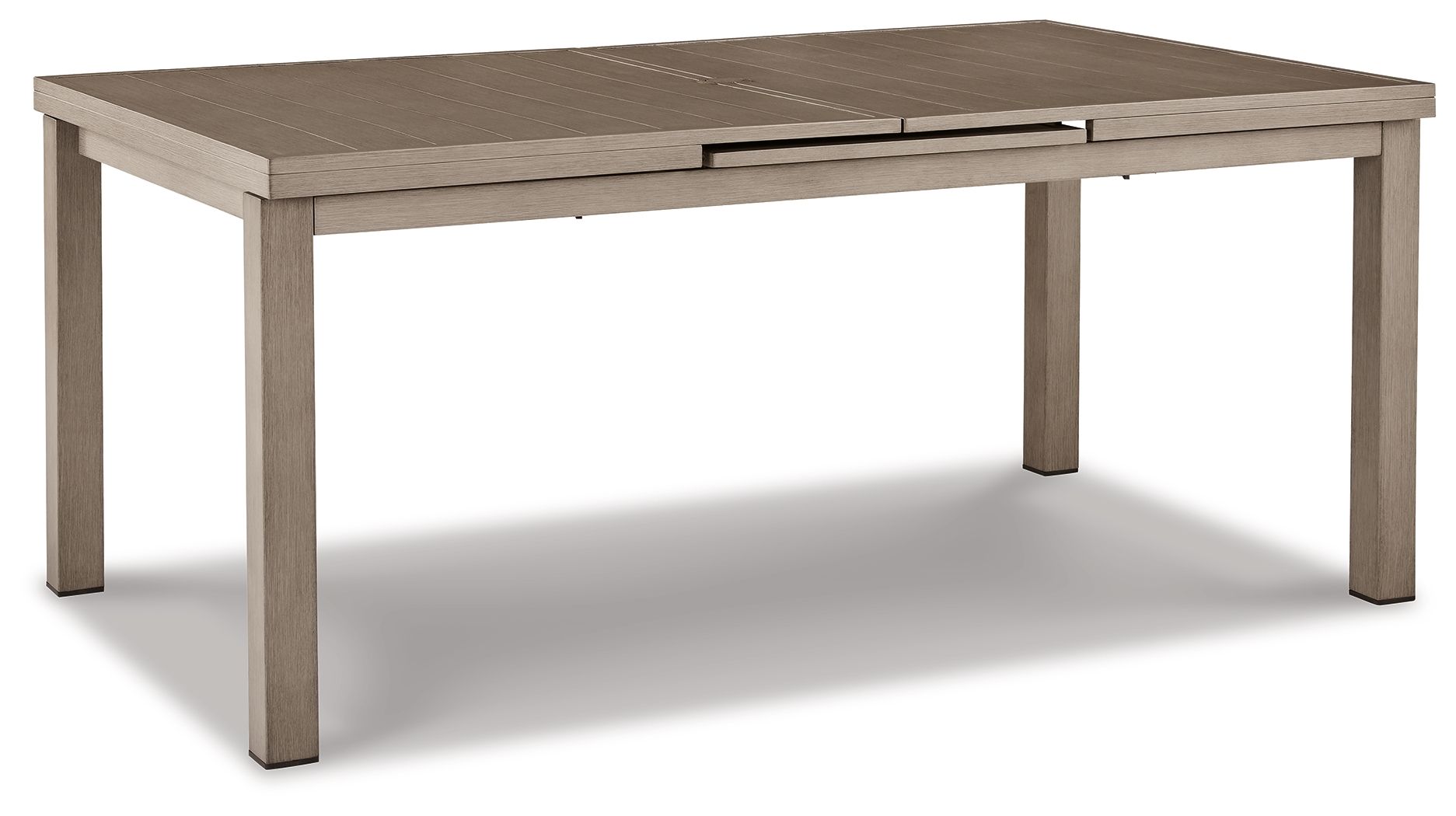 Rectangular outdoor dining table with beige finish and split tabletop