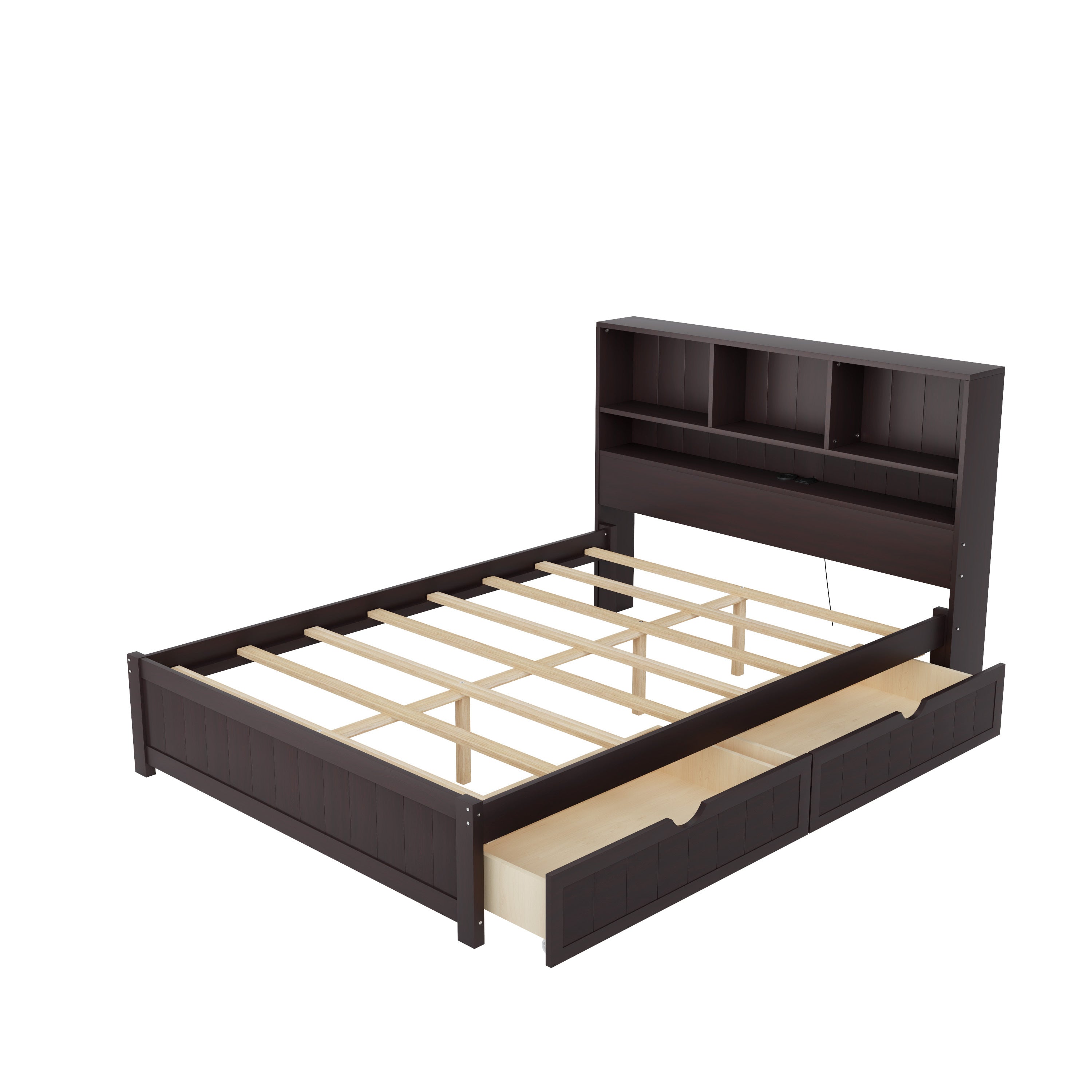 Full Size Wood Platform Bed w/Bookcase, Downlight, Charger, Drawers, Espresso