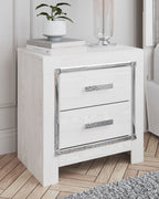 White two-drawer night stand with chrome handles; top holds a white planter