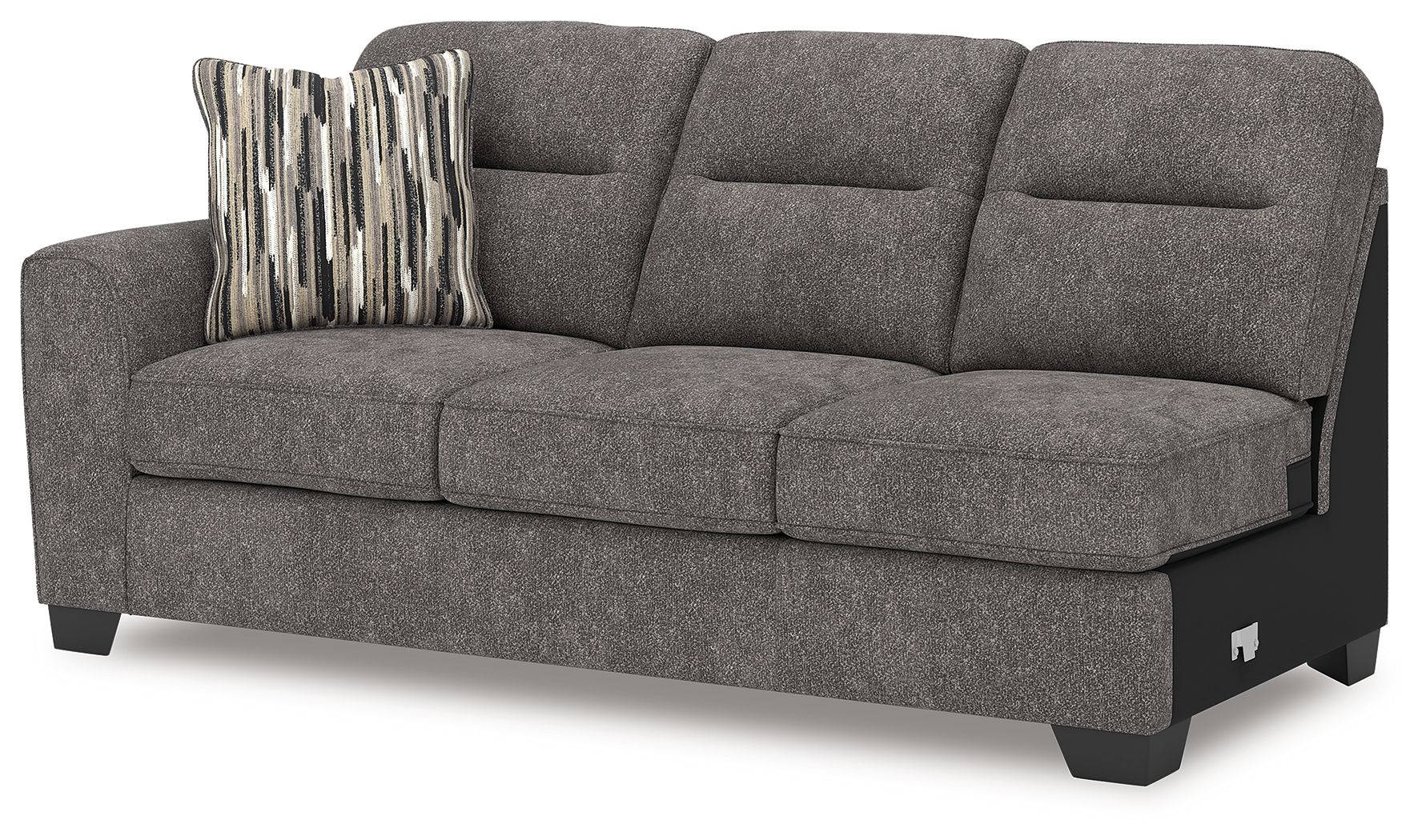 Graphite gray fabric sofa with chaise and striped accent pillow