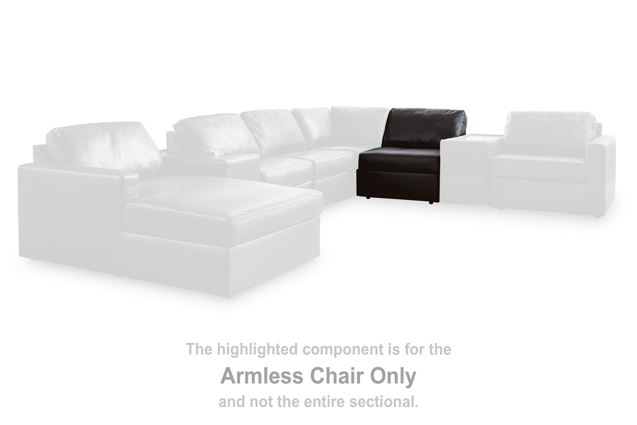 Black armless chair highlighted within a white sectional setup, leather-look upholstery.