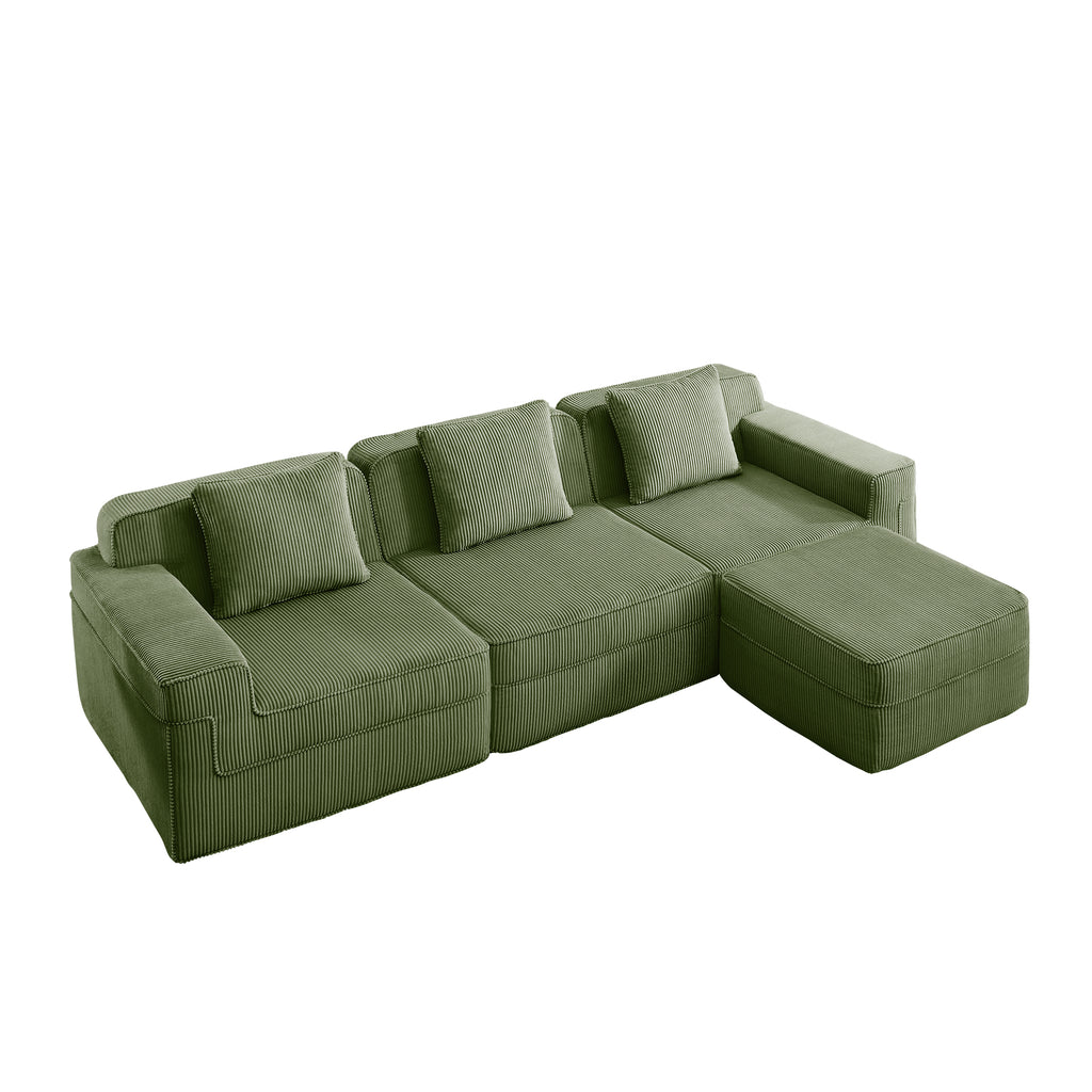 Green corduroy modular sectional sofa with chaise and seat-back pillows