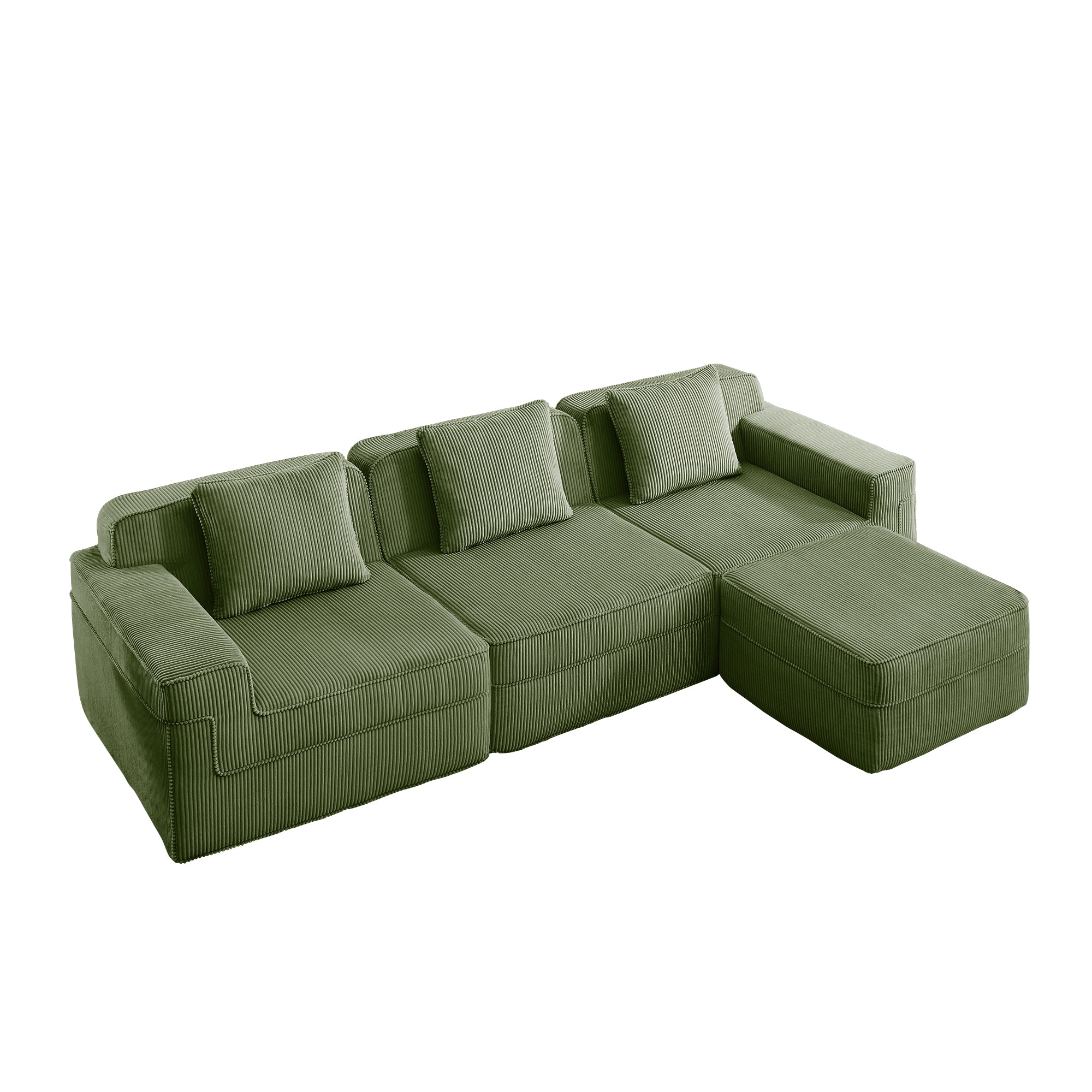 Green corduroy modular sectional sofa with chaise and seat-back pillows