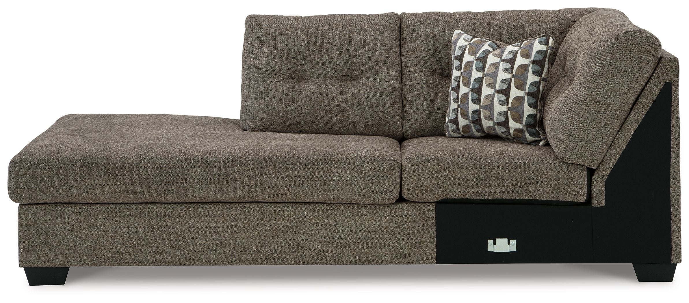 Brown left-arm corner chaise with tufted back, patterned pillow, and black legs