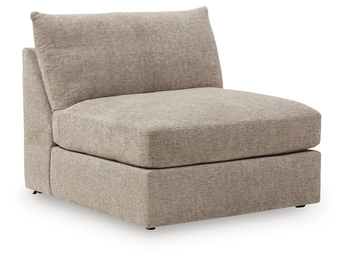 Beige burlap armless chair with tall backrest and cushioned seat, side angle view