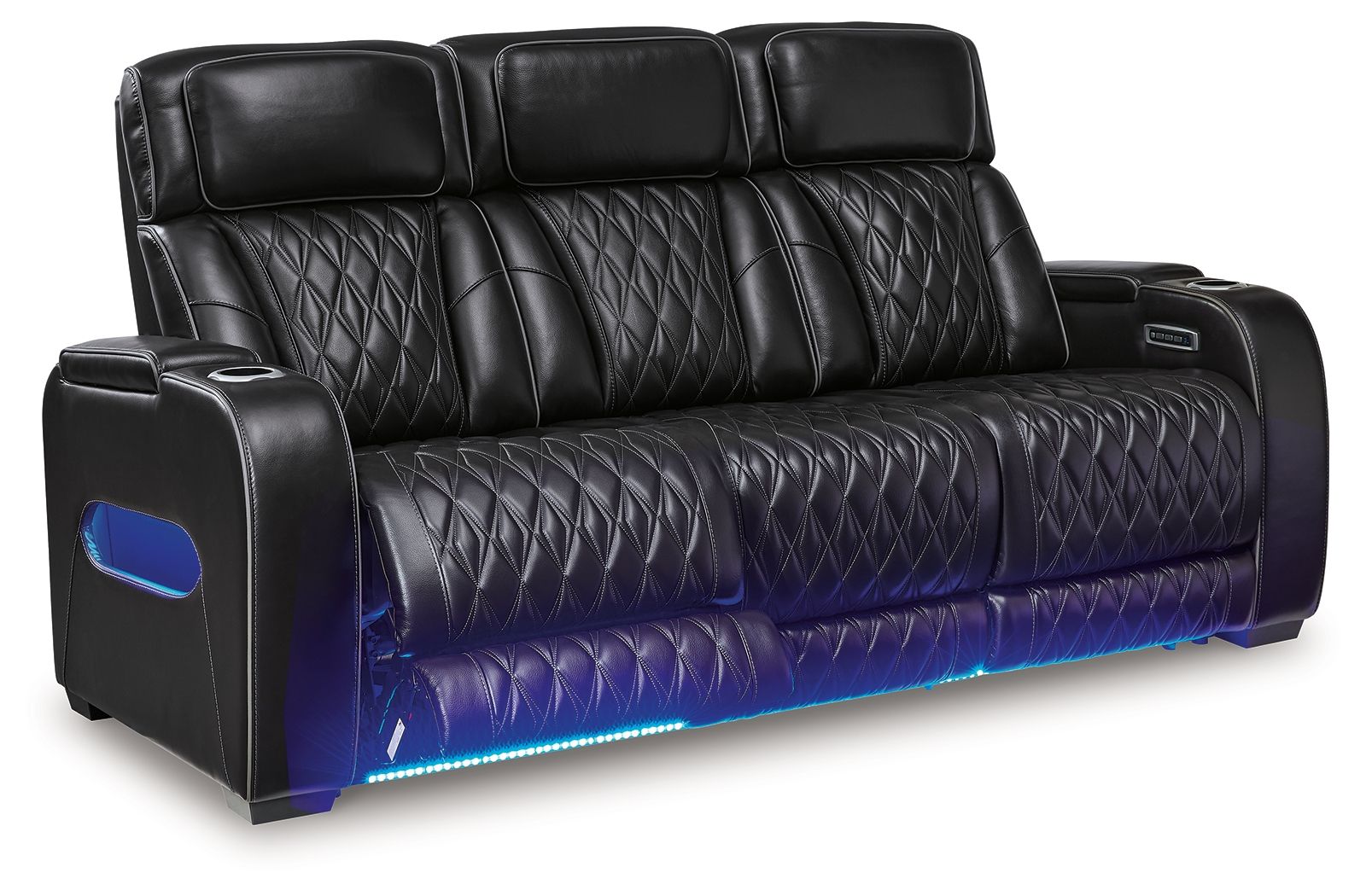 Black power reclining sofa with quilted upholstery and blue light strip under base