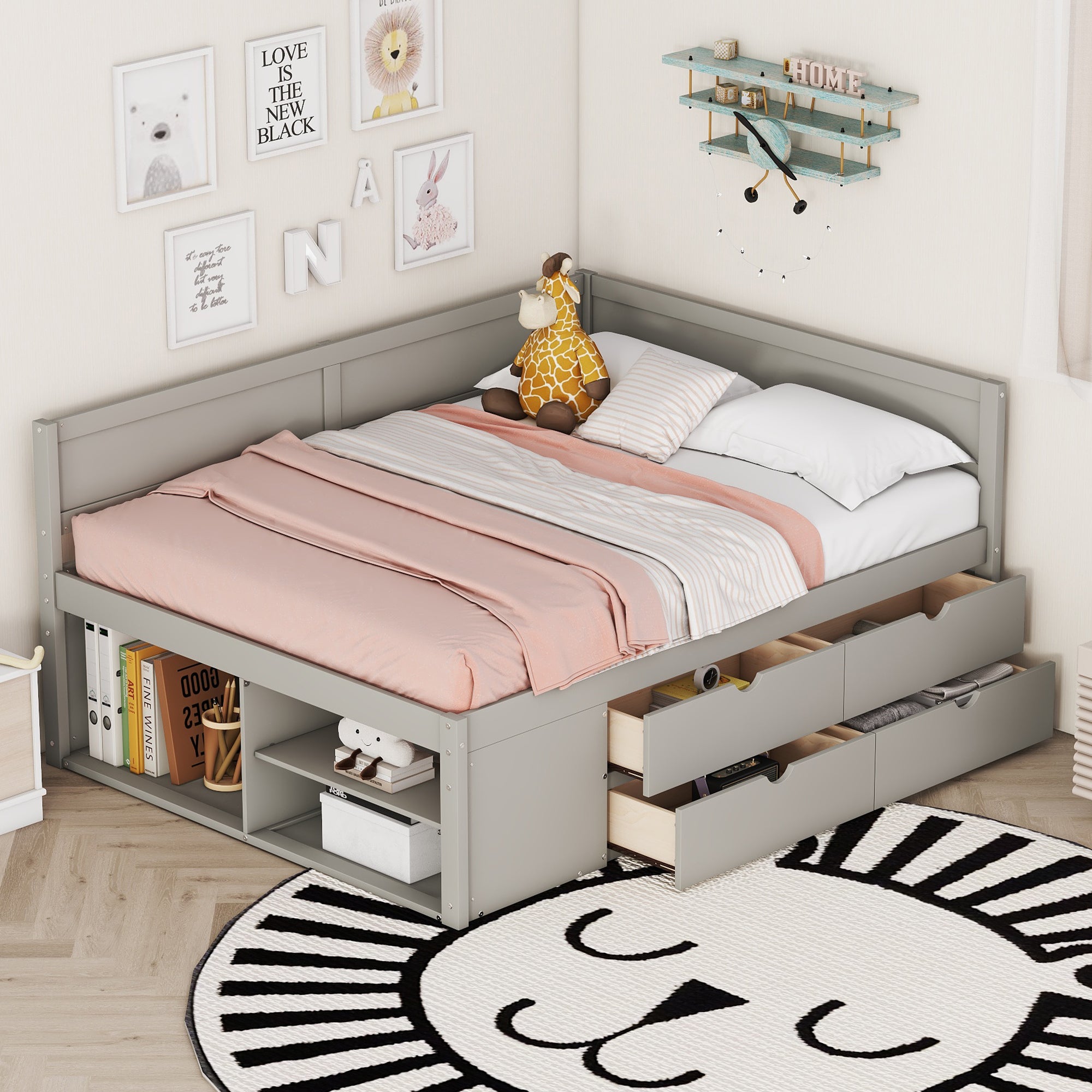 Gray Full Daybed w/ Drawers & Shelves