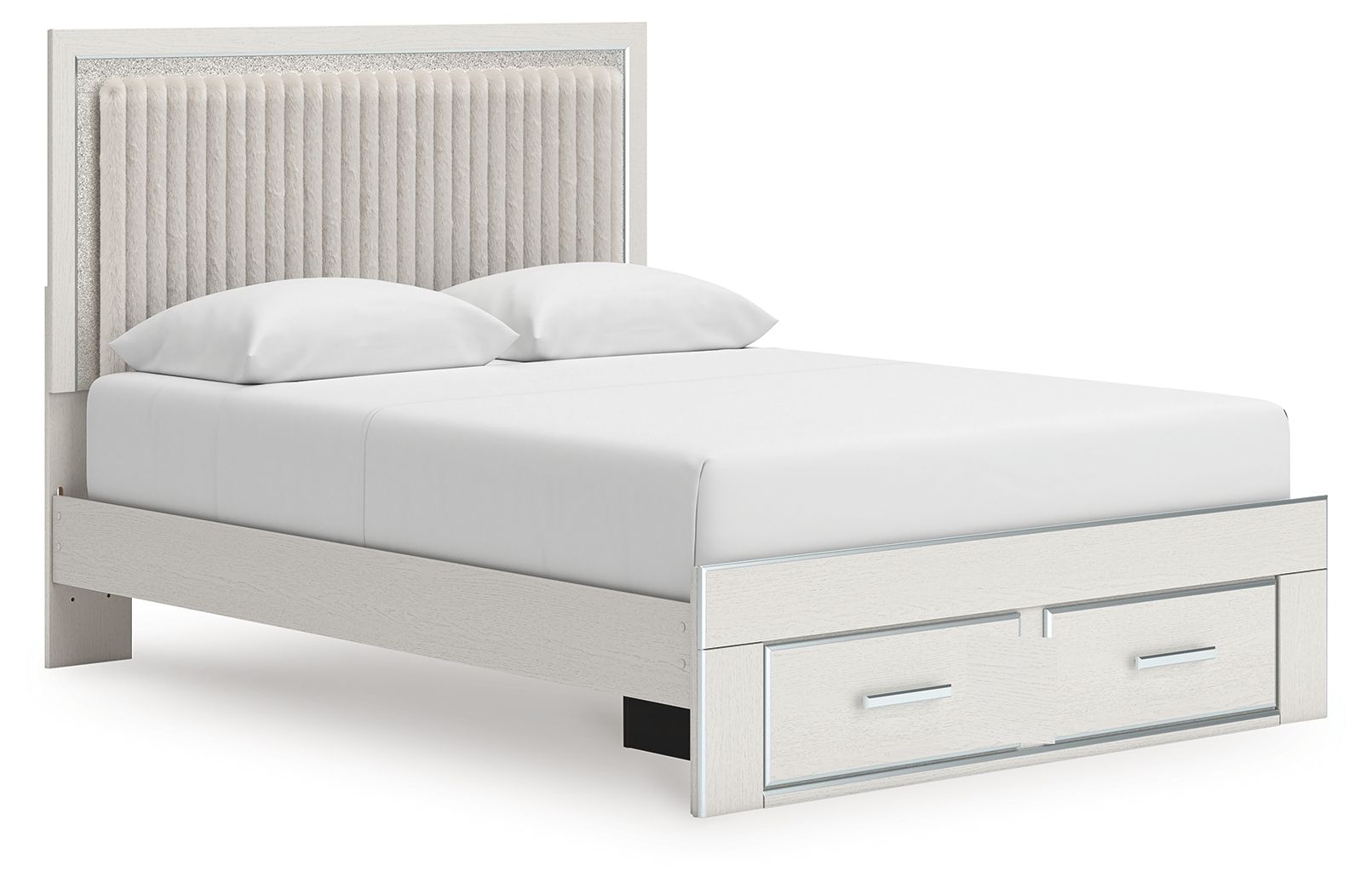Upholstered panel platform storage bed, light upholstered headboard with two drawers and white mattress