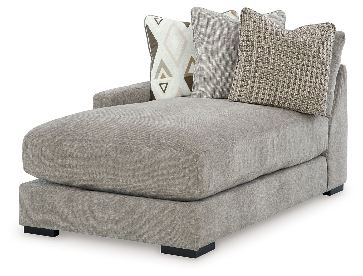Pebble gray corner chaise with cushioned seat and two decorative pillows